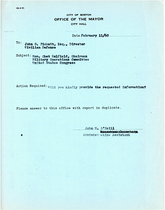 Office memo to Director of Civilian Defense John G. Pickett from Administrative Assistant John H. O'Neill