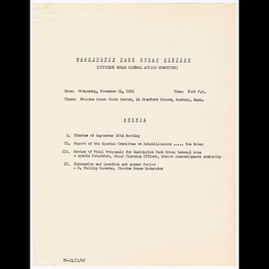 Agenda for Washington Park CURAC meeting (Citizens Urban Renewal Action Committee) held November 14, 1962