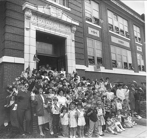Abraham Edwards Elementary School students and staff celebrating the school's 75th anniversary, Spring, 1987