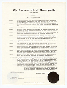 Proclamation by Governor Michael Dukakis concerning Nicola Sacco and Bartolomeo Vanzetti, August 23, 1977