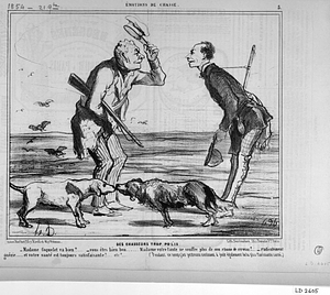 Des CHASSEURS TROP POLIS. - Madame Coquelet va bien?... - vous êtes bien bon..... Madame votre tante ne souffre plus de son rhume de cerveau?... - radicalement guérie.... et votre santé est toujours satisfaisante?... etca.... (Pendant ce temps, les perdreaux continuent à jouir également de la plus florissante santé.)