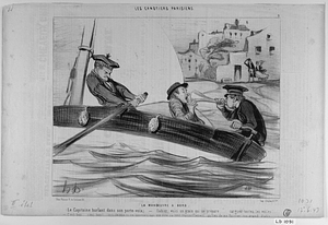 La MANOEUVRE A BORD. (Le Capitaine hurlant dans son porte-voix.) - Gabier, voici un grain qui se prépare . . . . carguez toutes les voiles! . . . . - C'est bon . . c'est bon! . . est-ce que tu ne pourrais pas me dire ça tout tranquillement, au lieu de me fourrer ton grand diable d'instrument dans l'oreille! . . . . ça mà rendu si sourd que je n'en vois plus clair! . . . . .