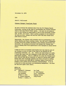 Memorandum from Mark H. McCormack concerning the Chinese Olympic Team and Lake Placid