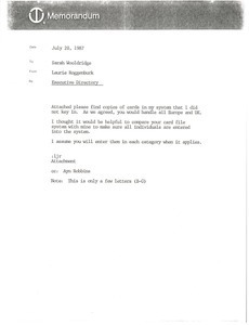 Memorandum from Laurie Roggenburk to Sarah Wooldridge