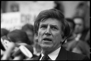 Gary Hart: close-up portrait while speaking at a rally during his bid for the Democratic nomination for the presidency