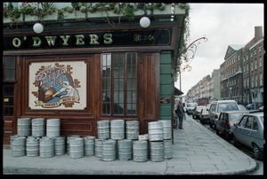 O'Dwyers Pizza Cellar, Mount Street, Dublin, with beer kegs stacked outside