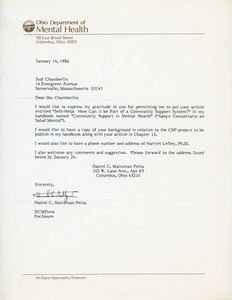 Letter from Daniel C. Maltzman Pelta to Judi Chamberlin