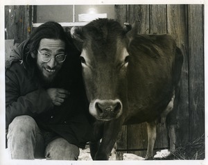 Marty Jezer (left) with Jersey cow at Packer Corners commune