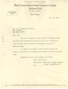 Letter from Cunard Steamship Company Limited Anchor Line to W. E. B. Du Bois