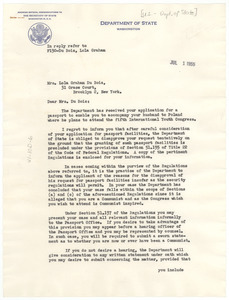 Letter from United States Passport Division to Lola Graham Du Bois