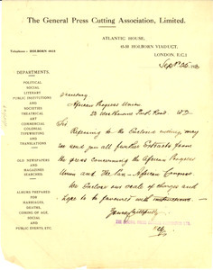 Letter from General Press Cutting Association, Limited to W. E. B. Du Bois
