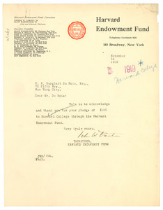 Letter from Harvard Endowment Fund to W. E. B. Du Bois