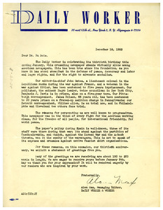 Letter from Daily Worker to W. E. B. Du Bois