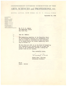Letter from Independent Citizens Committee for the Arts, Sciences and Professions to W. E. B. Du Bois