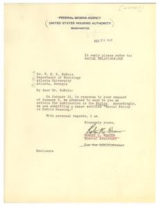 Letter from Robert C. Weaver to W. E. B. Du Bois
