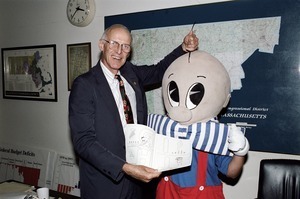 Congressman John W. Olver posed with a peculiar mascot