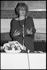 Catherine R. Stimpson, speaking in Memorial Hall at the 10th anniversary celebrations of Women's Studies at UMass Amherst