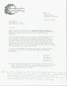 Letter from Bet Power to Lou Sullivan (November 16, 1986)