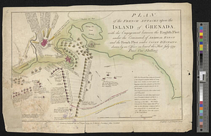Plan of the French attacks upon the island of Grenada, with the engagement between the English fleet under the command of Admiral Byron and the French fleet under Count d'Estaing drawn by an officer on board the fleet, July 1779