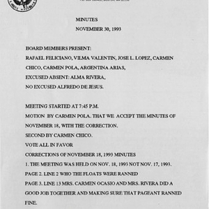 Minutes from Festival Puertorriqueño de Massachusetts, Inc. meeting on November 30, 1993