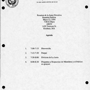 Agenda from Festival Puertorriqueño de Massachusetts, Inc. Board of Directors public meeting on May 12, 1994