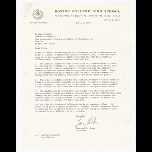 Letter from Lawrence D. Blake to Richard Barbieri about Independent School Association of Massachusetts (ISAM) Multi-Cultural Collaborative