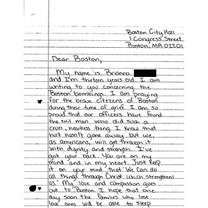 Letter to the city of Boston from a student at Jasper Junior High School (Jasper, Texas)