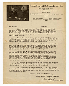 Sacco-Vanzetti Defense Committee form letter, June 1925