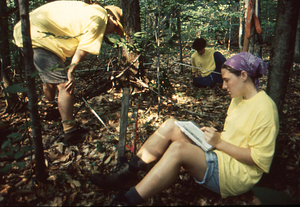 Emilie B. Grossmann (Williams Class of 1996) records reproductive layer data (left) observed by Jonah Wittkamper '97 (middle) and Chara Williams '96 (right) in milliacre plots of Permanent Plot 1121.