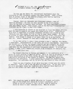 Draft of Statement by U. S. Representative Paul Tsongas Concerning Vietnamese Orphans Situation