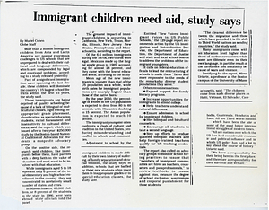 Newspaper clipping from The Boston Globe: "Immigrant children need aid, study says"