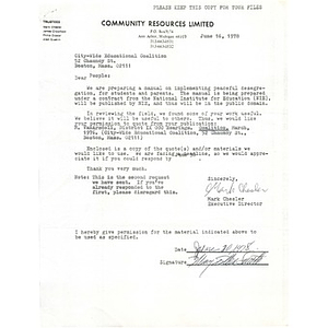 Letter, Citywide Educational Coalition, June 16, 1978.