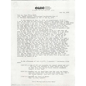 Memo, personal harassment on July 15 and 16, 1976.