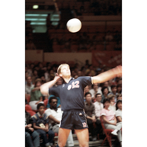 United States Men's Volleyball Team member gets ready to hit the ball during a game against the Chinese Men's Volleyball Team