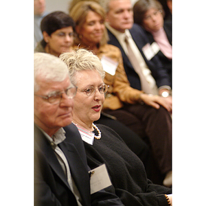 Mary Margaret Baker, '72, (front row, second from the left) and other guests at the NU Today cancer research panel