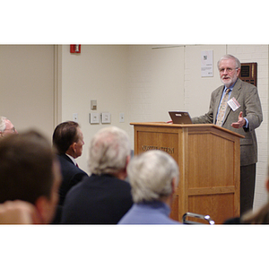 Bill Hancock addresses audience at the NU Today Cancer Research Panel