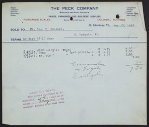 Billhead for The Peck Company, wholesale and retail dealers in paints, varnishes and builders' supplies, St. Johnsbury, Vermont, dated May 13, 1913