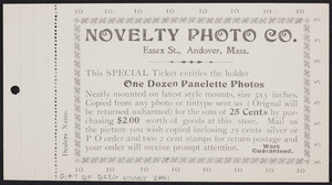Ticket for the Novelty Photo Co., Essex Street, Andover, Mass., undated