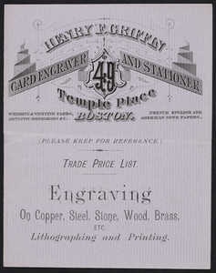Price list for Henry F. Griffin, card engraver and stationer, Temple Place, Boston, Mass., undated