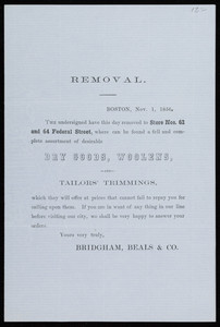 Handbill for Bridgham, Beals & Co., dry goods, woolens and tailors' trimmings, Nos. 62 and 64 Federal Street, Boston, Mass., November 1, 1856
