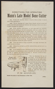 Directions for operating Mann's Late Model Bone Cutter, F.W. Mann Co., location unknown, undated
