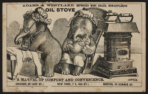 Trade card for Adams & Westlake improved wire gauze, non-explosive oil stove, 45 Summer Street, Boston, Mass., undated