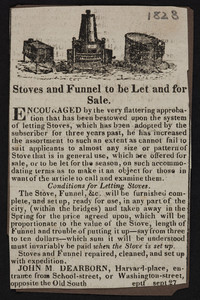Advertisement for John M. Dearborn, stoves and funnels, Harvard Place, entrance from School Street or Washington Street, Boston, Mass., September 27, 1823