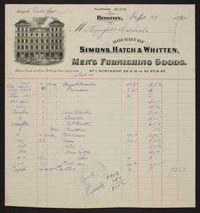 Billhead for Simons, Hatch & Whitten, men's furnishing goods, 1 Winthrop Square & 18 to 32 Otis Street, Boston, Mass., dated September 23, 1892