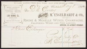 Billhead for M. Engelhardt & Co., Rhine & Moselle wines, champagne, California wines and fine liquors, 30 Avery Street, Boston, Mass., dated May 8, 1882