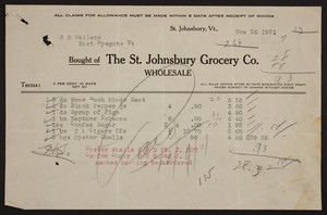 Billhead for The Saint Johnsbury Grocery Co., wholesale, Saint Johnsbury, Vermont, dated November 26, 1921
