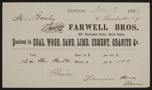 Billhead for Farwell Bros., coal, wood, sand, lime, cement, granite, 303 Dorchester Street, South Boston, Mass., dated November 9, 1883