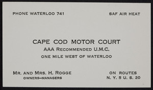Trade card for the Cape Cod Motor Court, New York 5, U.S. 20, Waterloo, New York, undated
