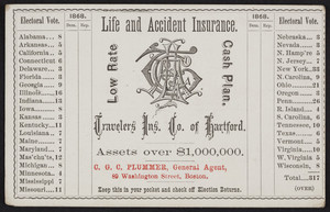 Trade card for the Travelers Insurance Company of Hartford, life and accident insurance, Hartford, Connecticut, 1868