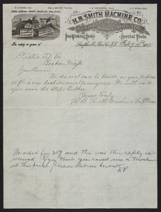 Letterhead for the H.B. Smith Machine Co., machinery and tools, Smithville, New Jersey, dated February 16, 1885